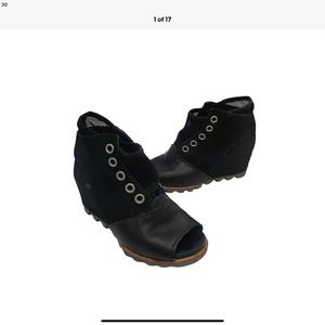 Sorel Womens Open Toe Joanie Wedge Ankle Booties Size 8 Black Suede 1660341010
